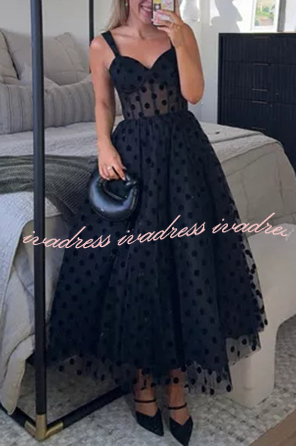 Perfect Guest Tulle Polka Dot Sweetheart Bustier A-Line Midi Dress