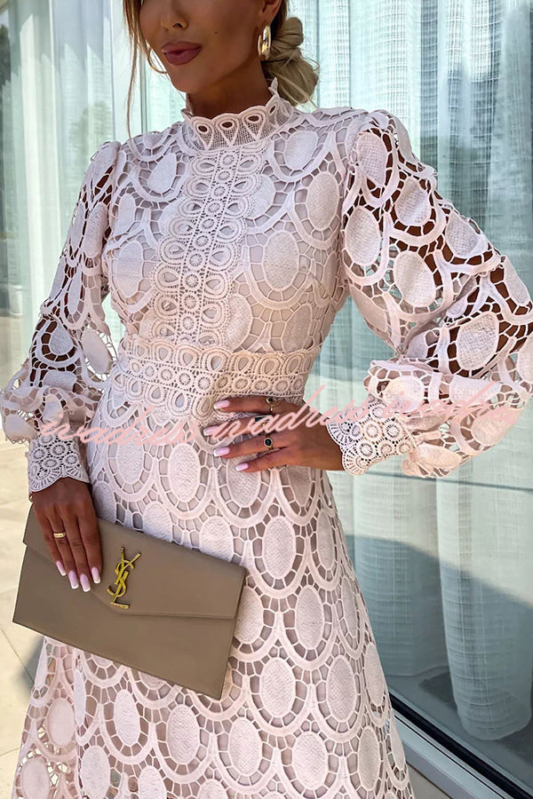 Romantic. Sensual and Elegant Crochet Lace Lantern Sleeve Party Midi Dress
