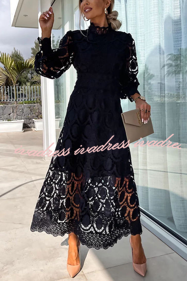Romantic. Sensual and Elegant Crochet Lace Lantern Sleeve Party Midi Dress
