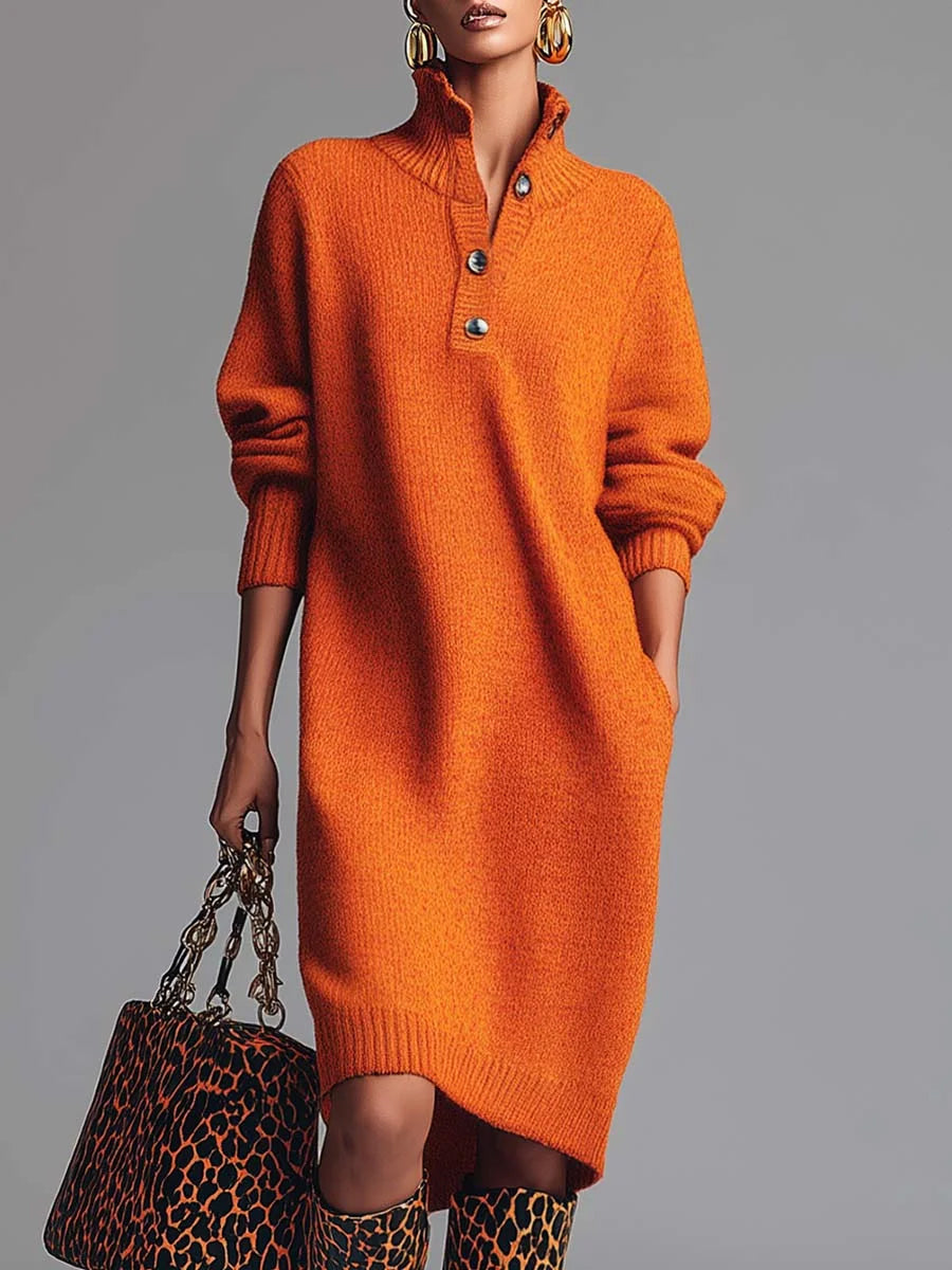 Daily Yellow Shirt Collar Long Sleeve Button Vintage Pocket Crochet Midi Dresses