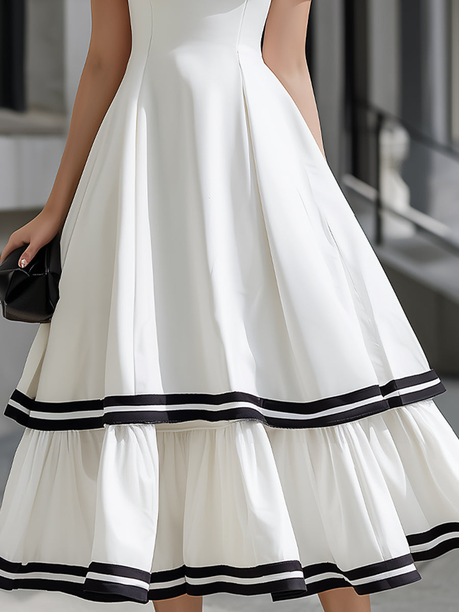 Vintage Contrast-Trim Square Neck Midi Dress