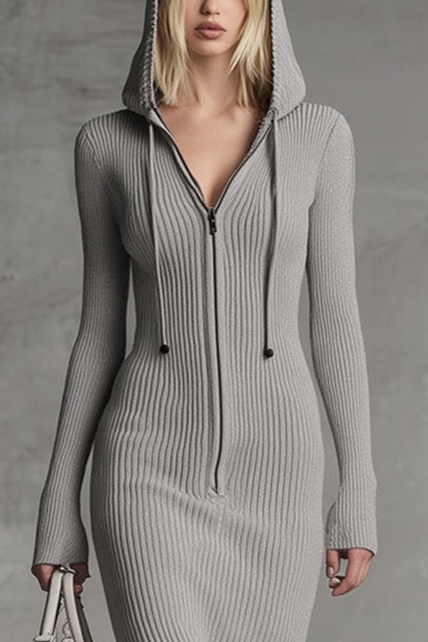Solid Color Hooded Zip-up Long-sleeved Slim-fit Lace Hem Midi Dress