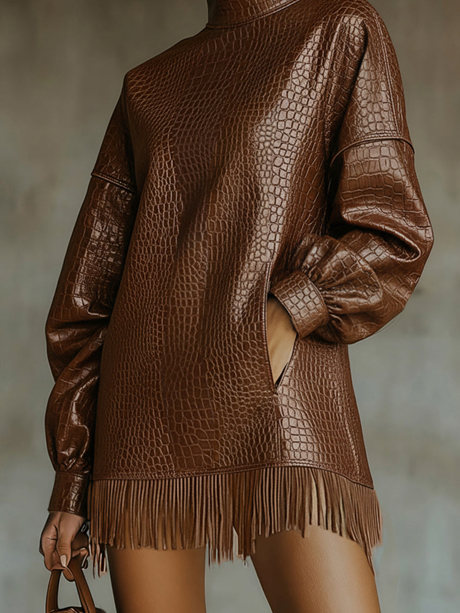 sheenchic Fashion Dark Brown High Neck Lantern Sleeve Pocket Fringe Crocodile PU Leather Mini Dress