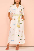 Loretta Cotton Blend Unique Print Fringed Belt Pocketed Shirt Midi Dress