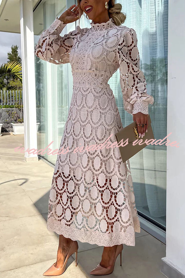 Romantic. Sensual and Elegant Crochet Lace Lantern Sleeve Party Midi Dress