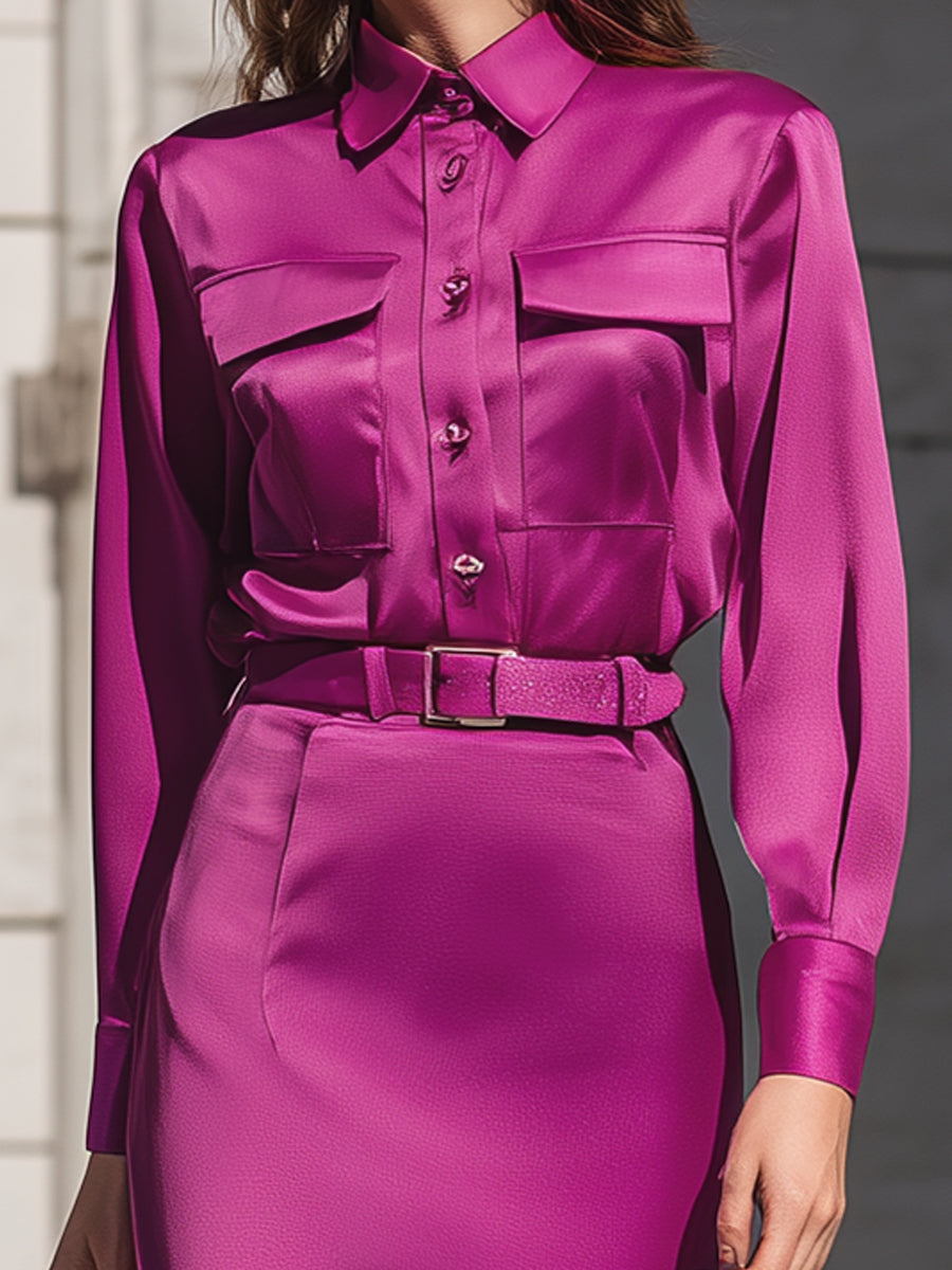 Magenta Satin Shirt Midi Dress With Belted Waist