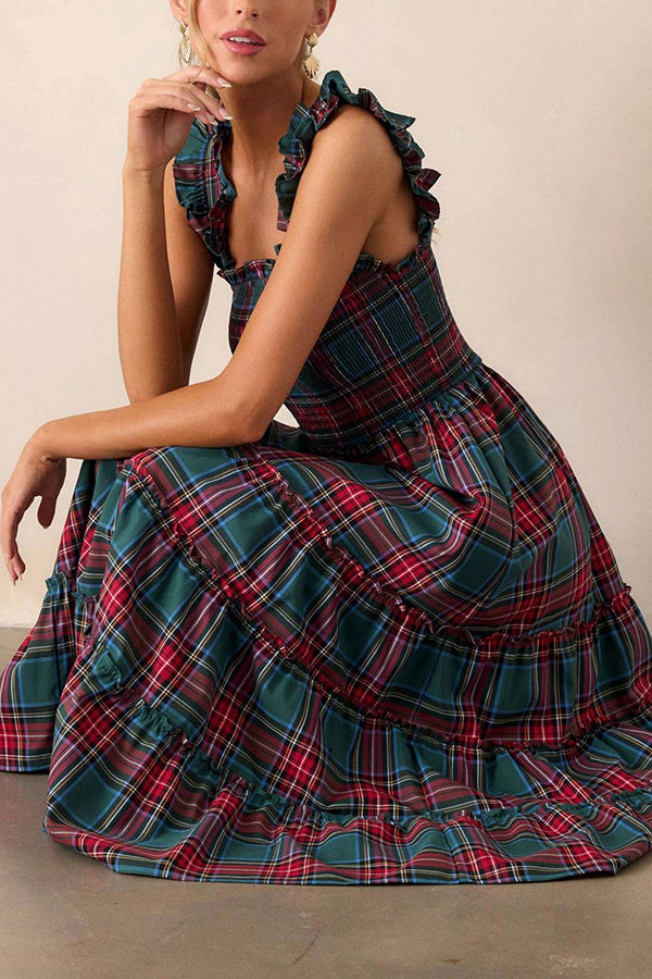 Plaid Print Ruffled Halter Pleated Sleeveless Casual Midi Dress