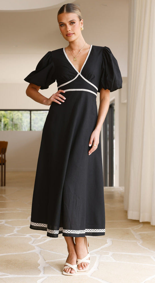 V Neck Puff Sleeve Midi Dress