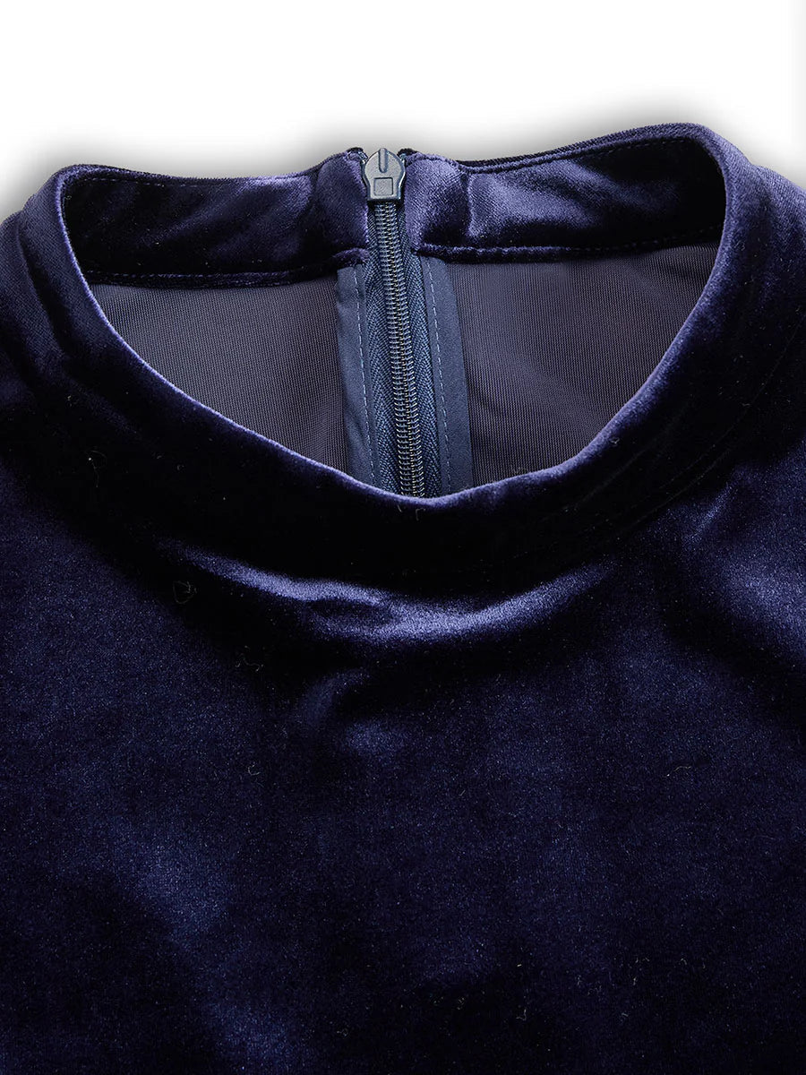 Party Navy Blue High Collar Long Sleeve Ruffled Casual Velvet Midi Dresses