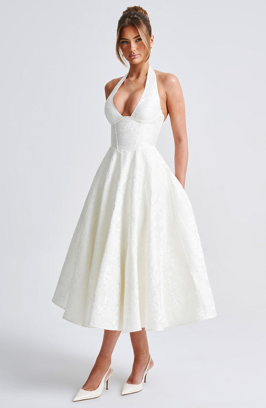 Halter Neck Satin Midi Dress | A-Line Silhouette