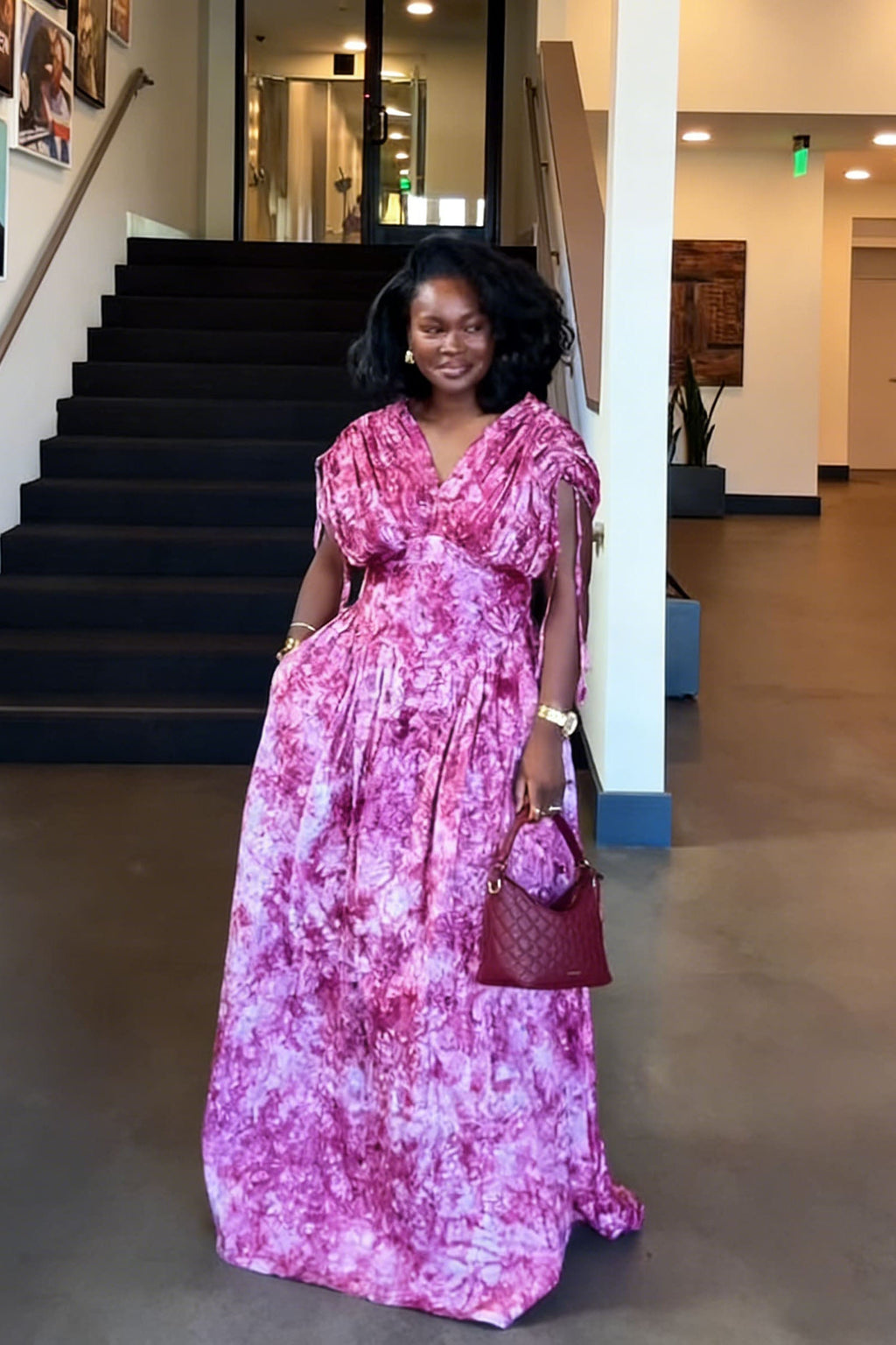 Fuchsia Tie-Dye V-Neck Puff Sleeve Maxi Dress