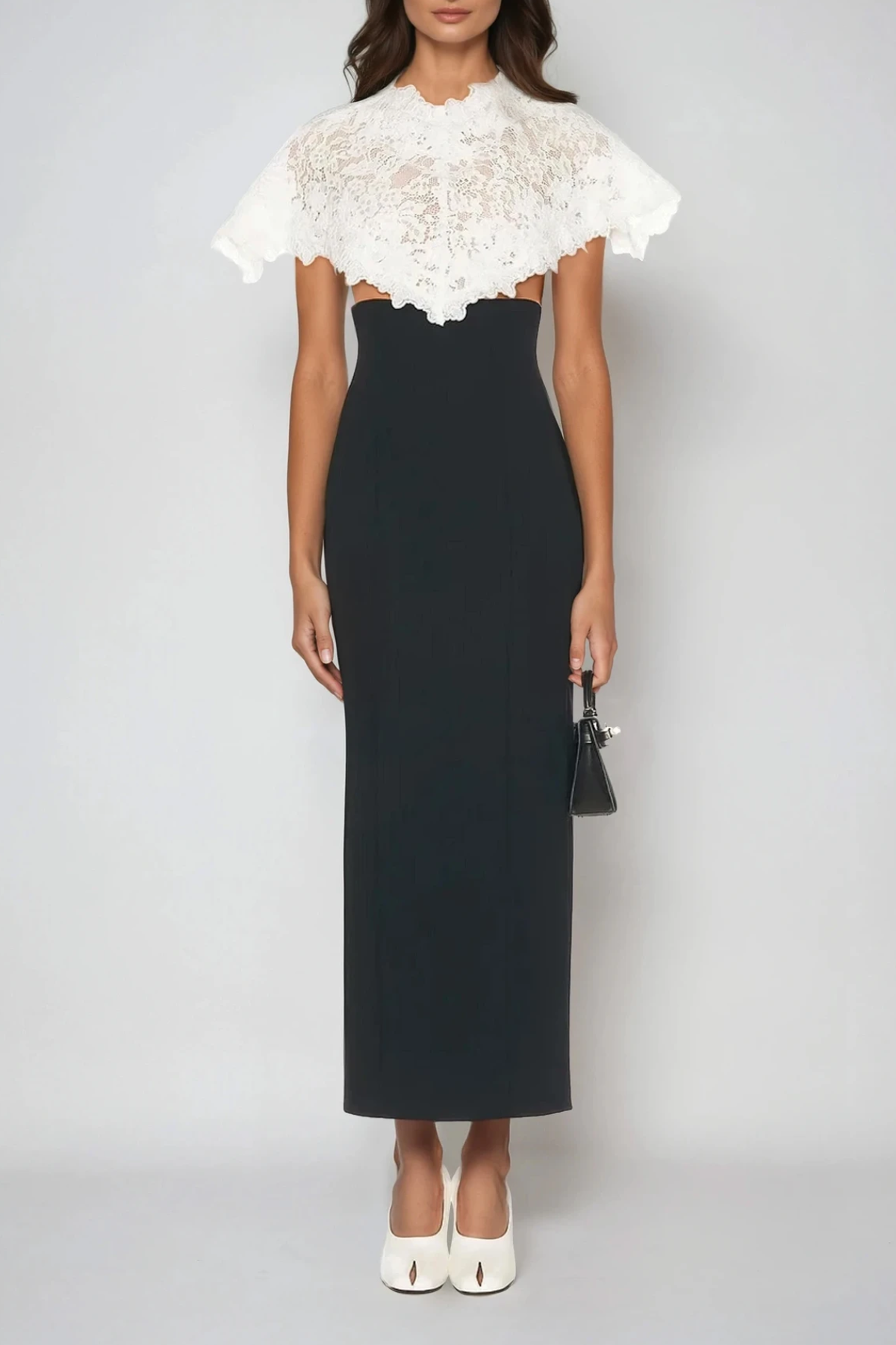 Domnica Lace Shawl Embroidered Split Midi Dress