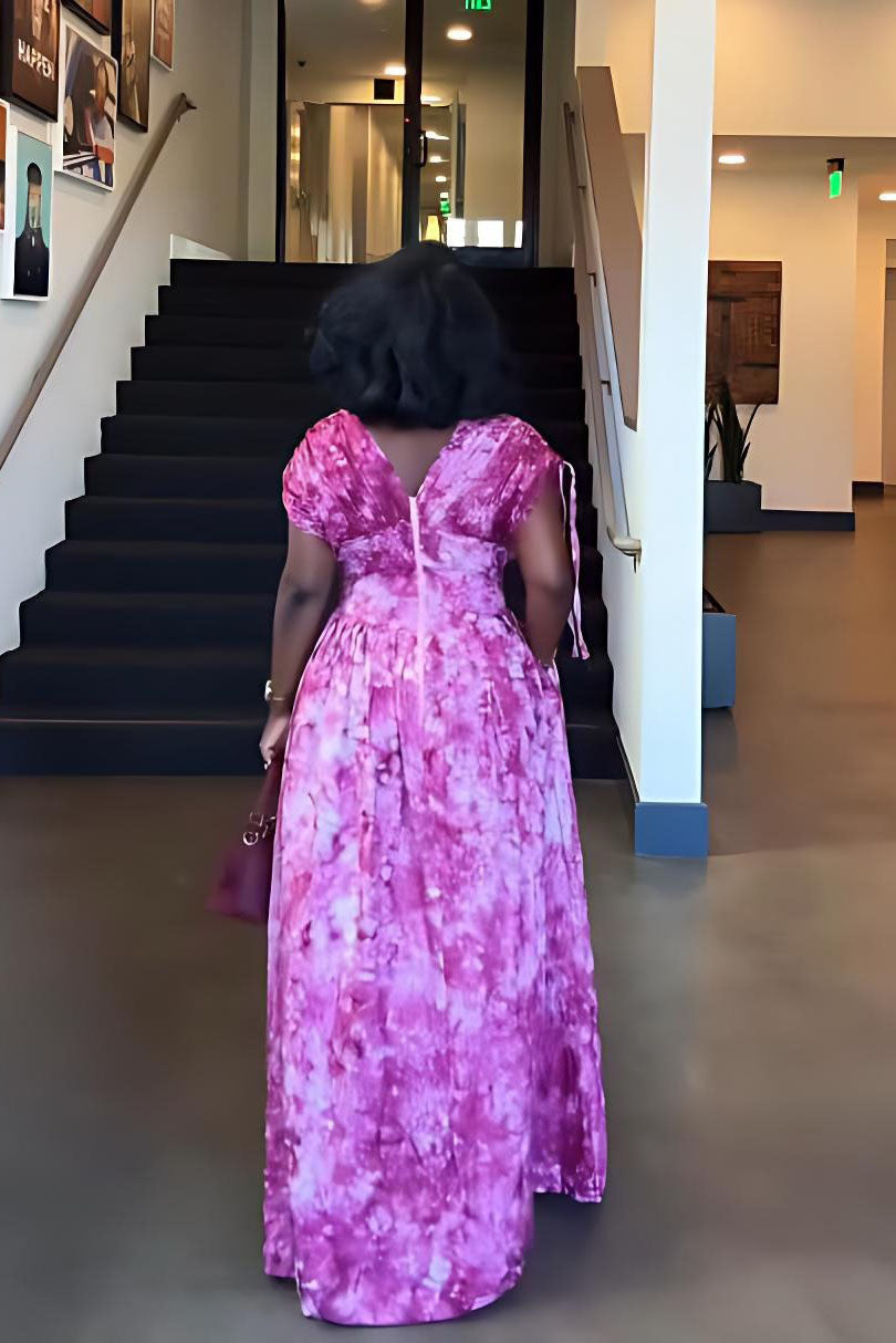 Fuchsia Tie-Dye V-Neck Puff Sleeve Maxi Dress