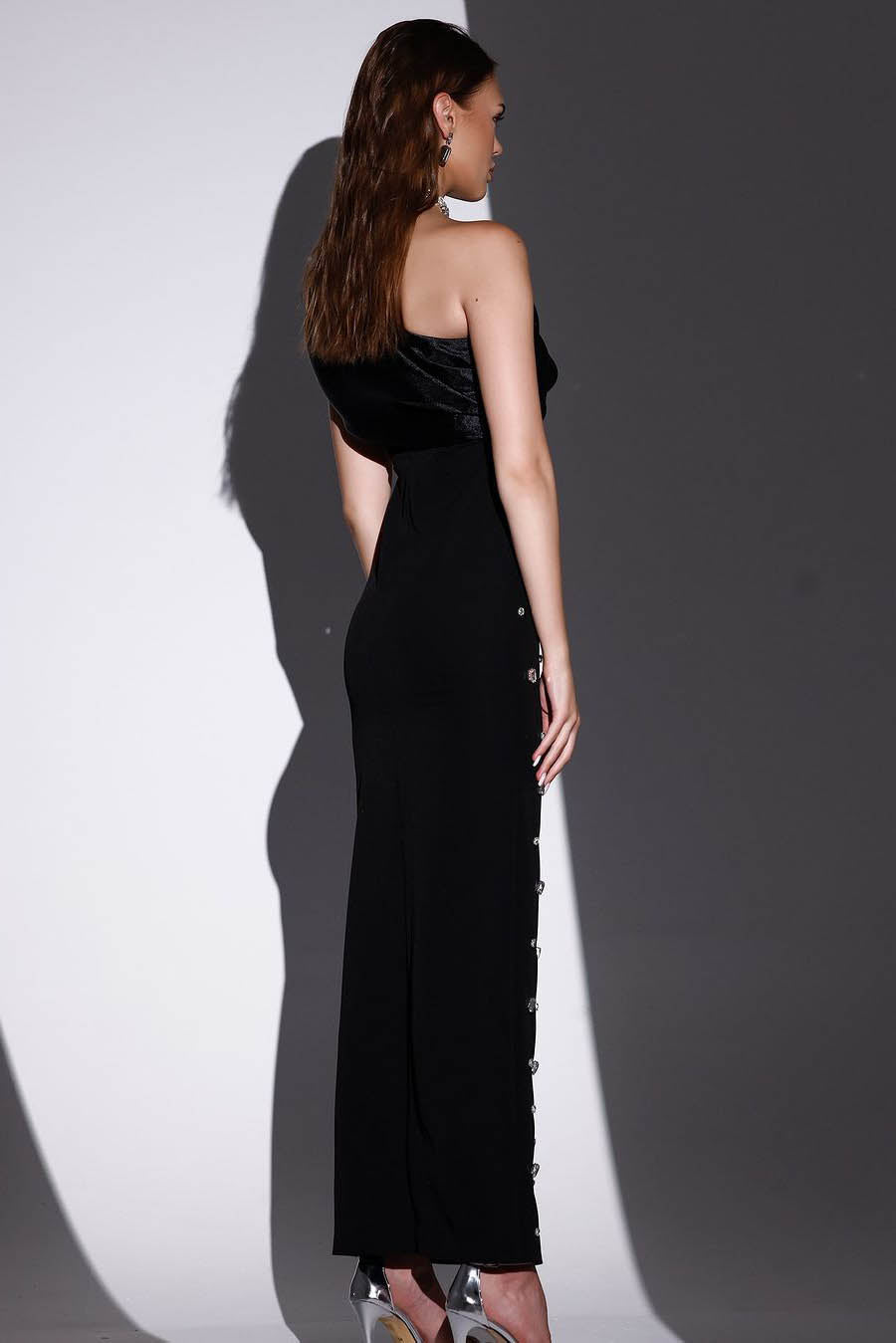 Rhinestone Sloping Shoulders Midi Dress