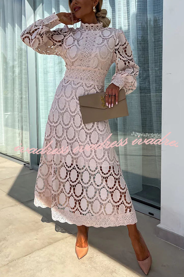 Romantic. Sensual and Elegant Crochet Lace Lantern Sleeve Party Midi Dress