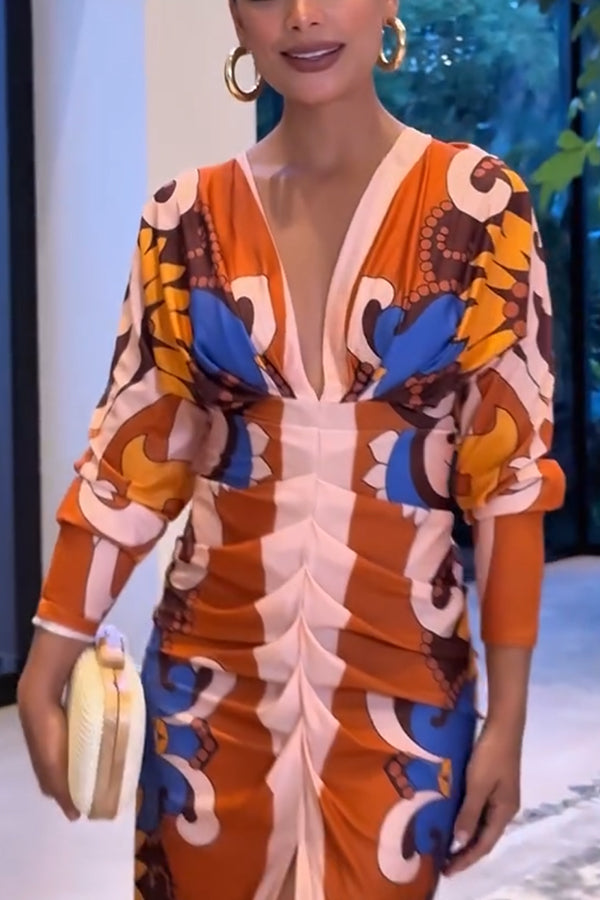 Bahamas Unique Print Dolman Long Sleeve Ruched Slit Midi Dress