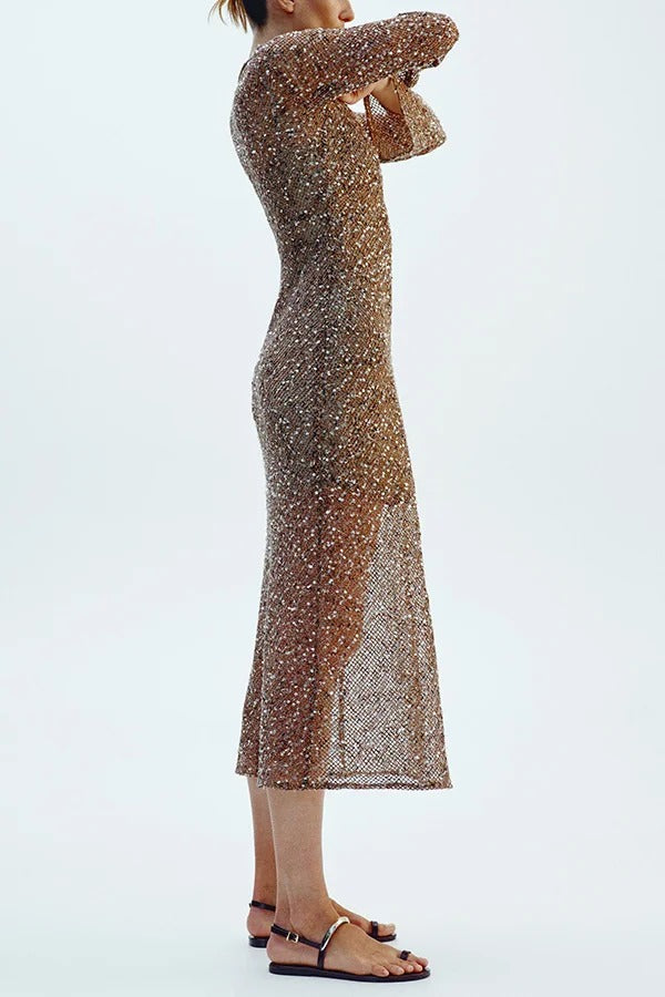 Fashion Sequined Hollow V-neck Long-sleeved Holiday Midi Dress