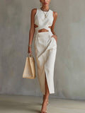 White Cutout Sleeveless Midi Dress With Front Slit