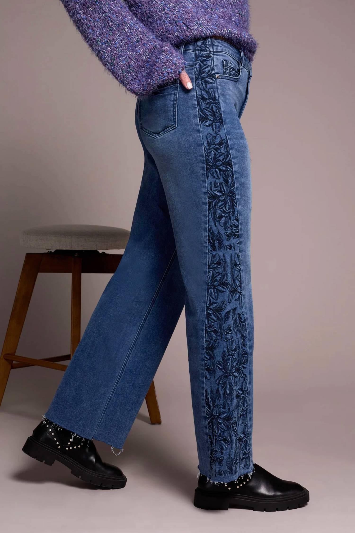 Tribal - Brooke High Rise Wide Leg Jeans With Side-Embroidery