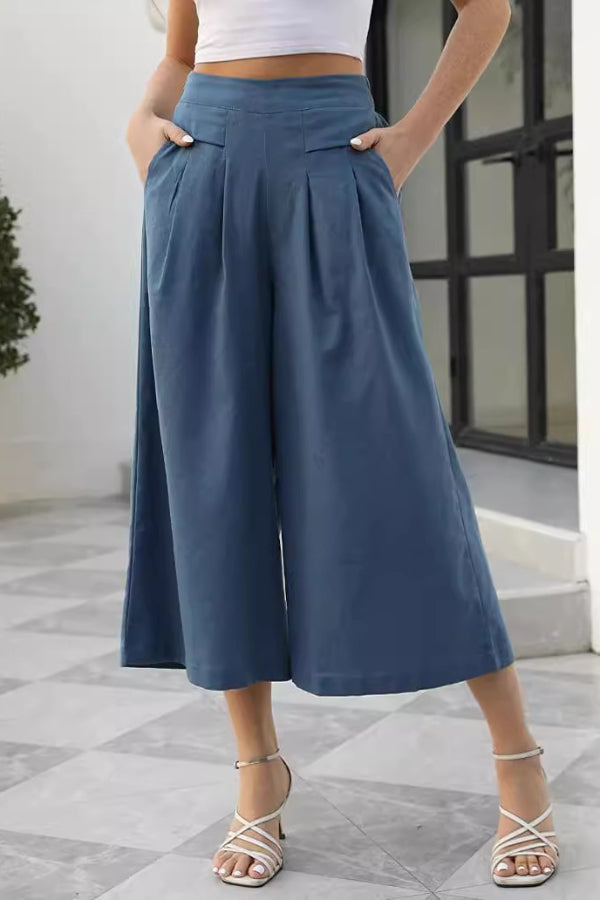 Skirts. Cotton-feel. Elastic Waist. Wide-leg. Nine-point Trousers. Pocket Workwear. Casual Pants. Loose