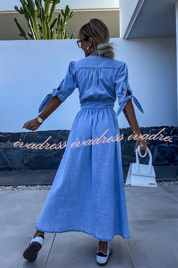 In A Fun Way Denim Puff Tie-up Sleeve Button Midi Dress