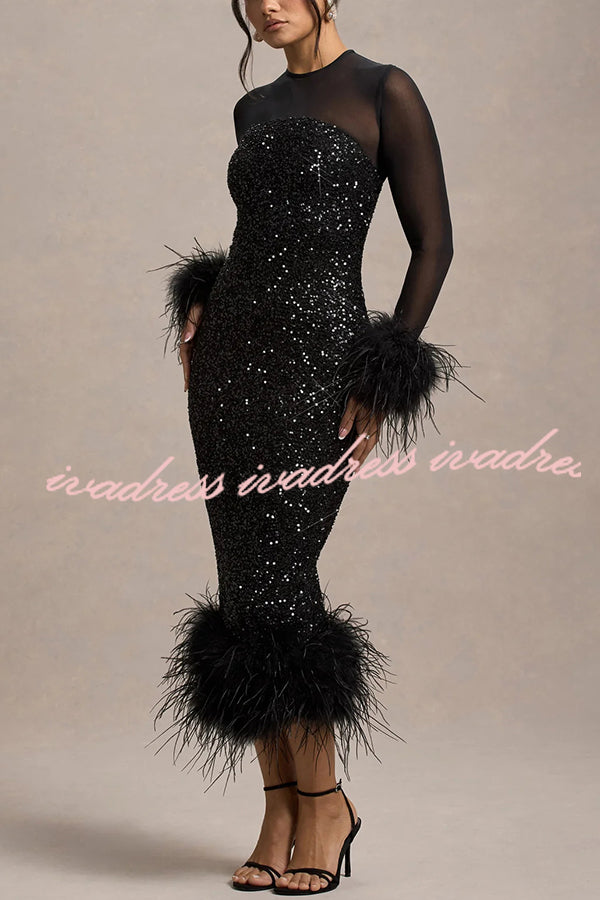 Glamor and Drama Mesh Sequin Patchwork Feather Trim Stretch Midi Dress