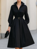 Black Shirt Collar Midi Dress