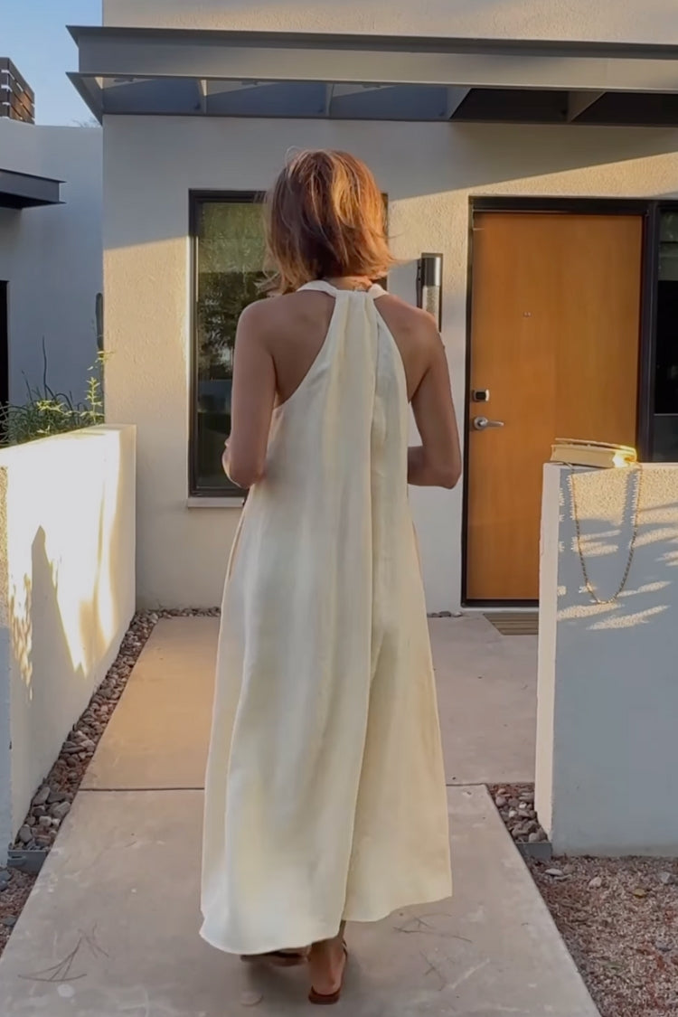 Old Money Style Linen Blend Back Twisted Pocket A-line Midi Dress