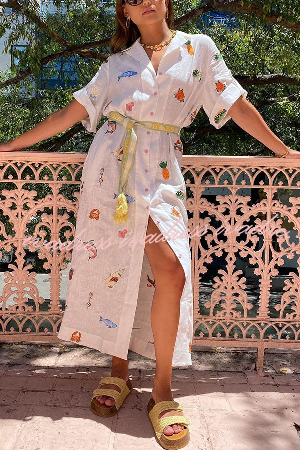 Loretta Cotton Blend Unique Print Fringed Belt Pocketed Shirt Midi Dress