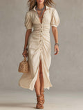 Elegant Vintage Cotton Button Midi Dress