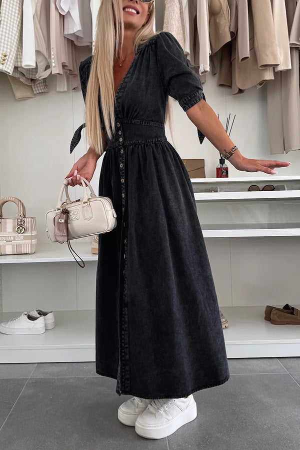 Solid Color V-neck Button-down Denim Midi Dress
