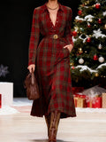 Christmas Red Plaid Shirt Collar Long Sleeve Pocket Vintage Button Midi Dresses