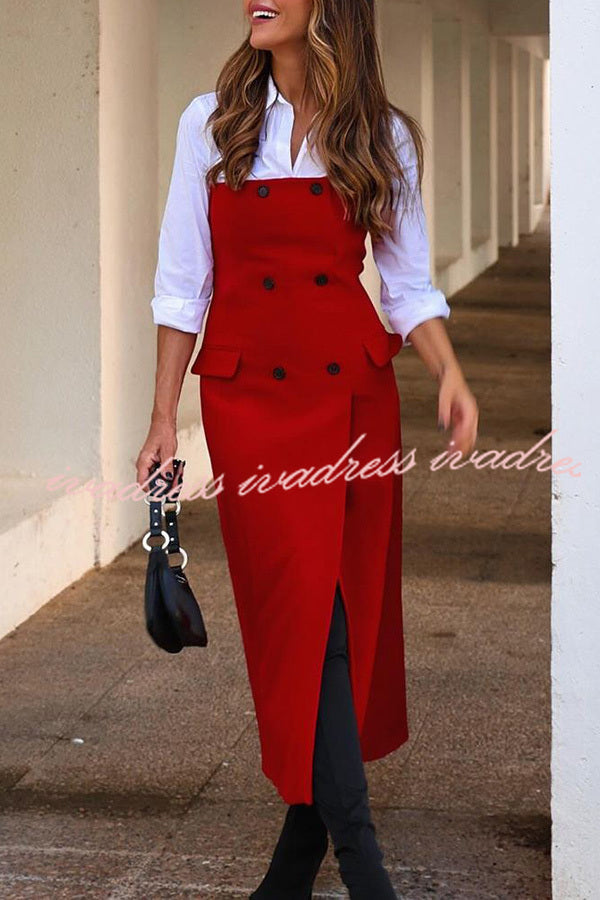 Admire Solid Color Pocket Button Back Zip Off Shoulder Midi Dress