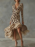 Evening Gowns Beige Leopard V Neck Long Sleeve Asymmetric Hem Vintage Contrast Midi Dresses