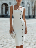 Square Neck Button-Front Bodycon Midi Dress