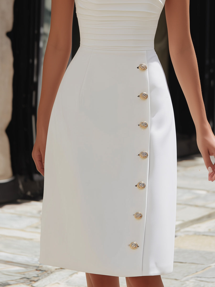 One-Shoulder Ruched Button-Detail Midi Dress
