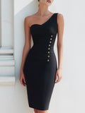 One-Shoulder Button-Detail Fitted Midi Dress