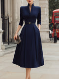 Structured Notch Neck Belted Midi Dress