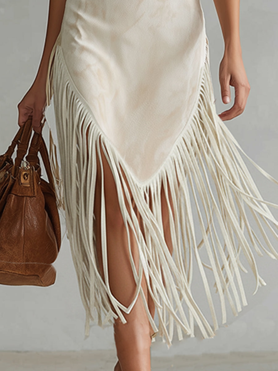 Retro Casual Embroidered White Faux Suede Fringed Midi Dress