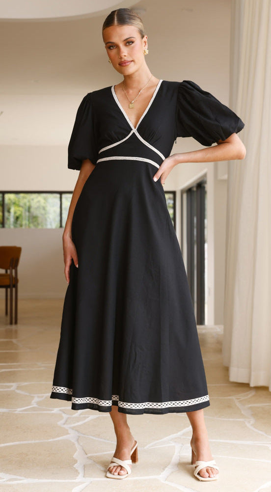 V Neck Puff Sleeve Midi Dress