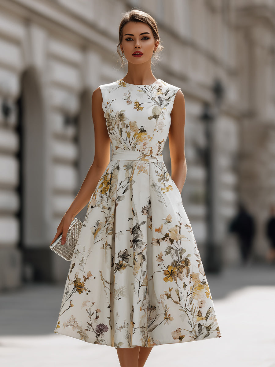 Sleeveless Belted Floral Midi Dress