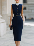 Sleeveless High Neck Button Front Belted Midi Dress