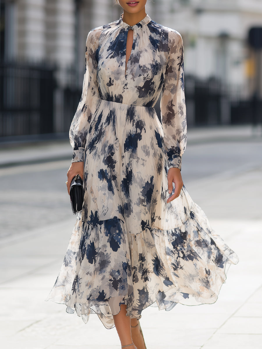 Long Sleeve Printed High-Neck Midi Dress