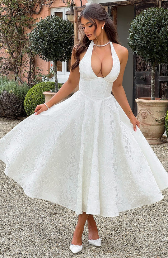 Halter Neck Satin Midi Dress | A-Line Silhouette