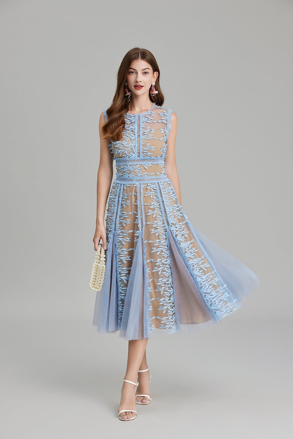Maëlle Round Neck Mesh Embroidered Midi Dress In Beige