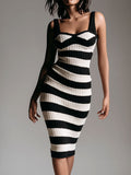 Modern Chic Black And White Striped Knit Bodycon Midi Dress