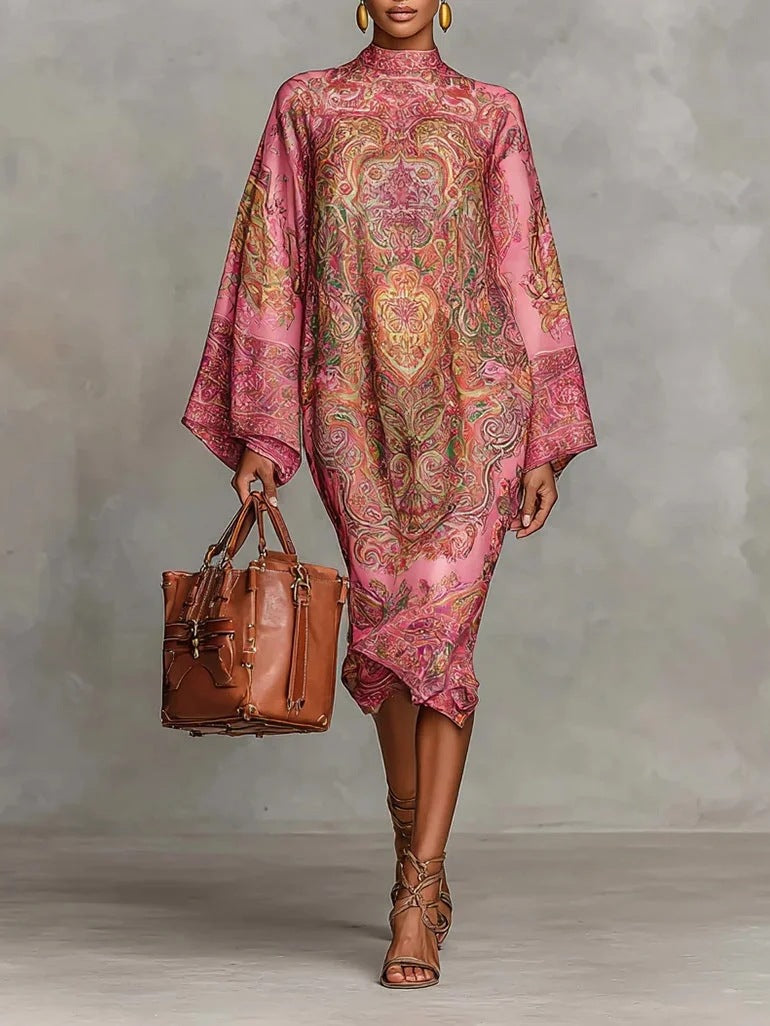 Daily Pink Paisley Mock Neck Long Sleeve Boho Midi Dresses