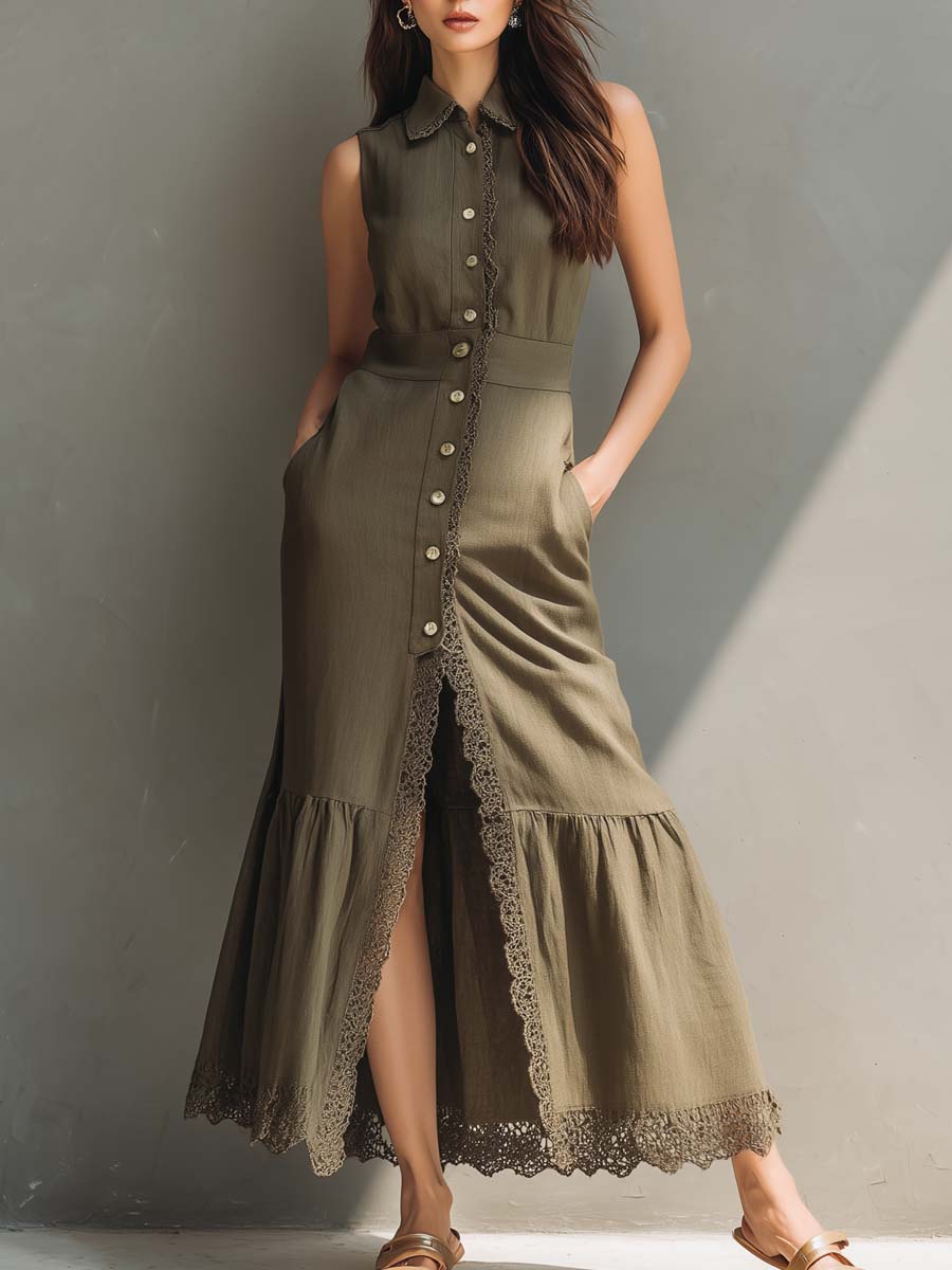 Vintage Lace Trim Flared Hem Cotton And Linen Midi Dress