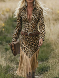 sheenchic Western Leopard Print Half Zip Long Sleeve Fringe Hem Midi Dress