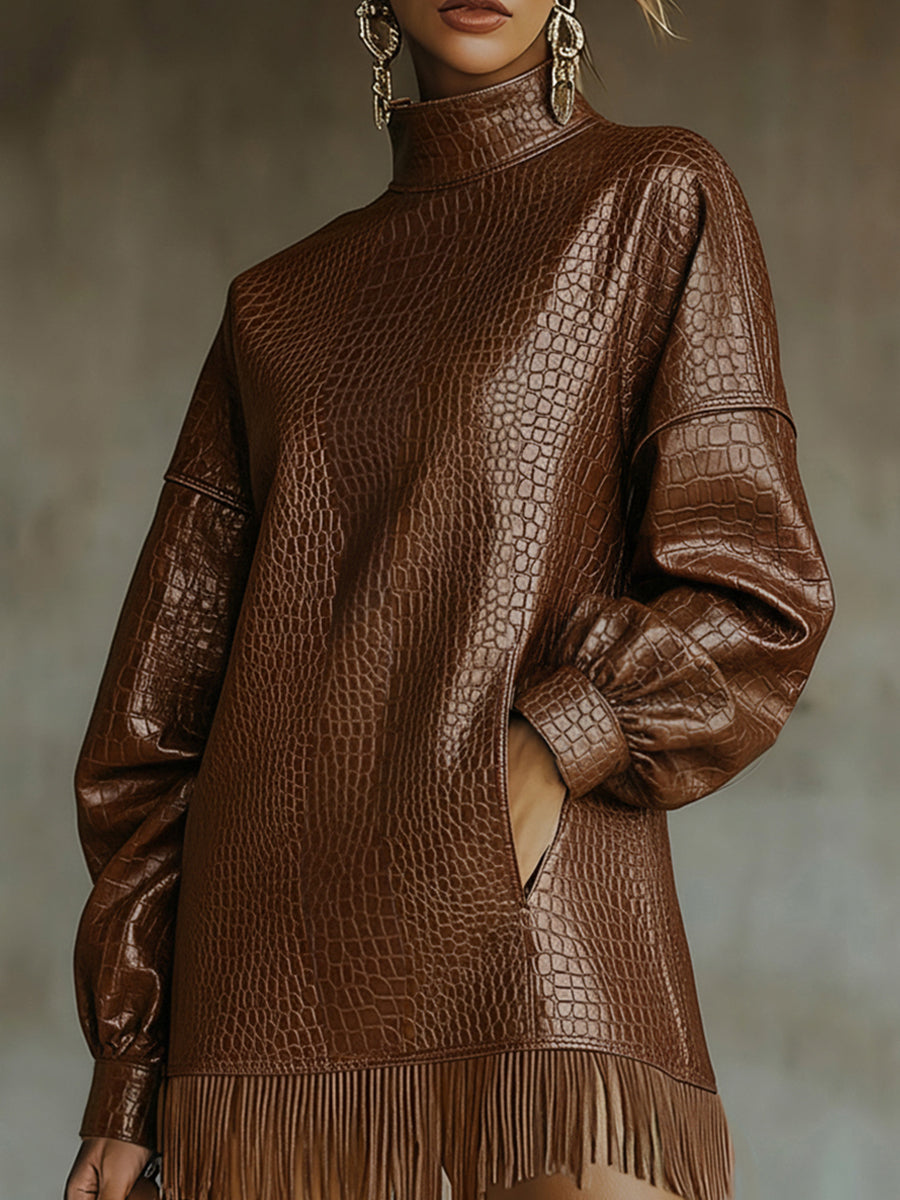 sheenchic Fashion Dark Brown High Neck Lantern Sleeve Pocket Fringe Crocodile PU Leather Mini Dress